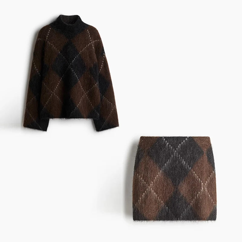 Print Sweaters Women' Sets Turtleneck Long Sleeve Loose Thick Knit Pullovers Mini Skirt Set 2025 Autumn Winter Fluffy Lady Suit