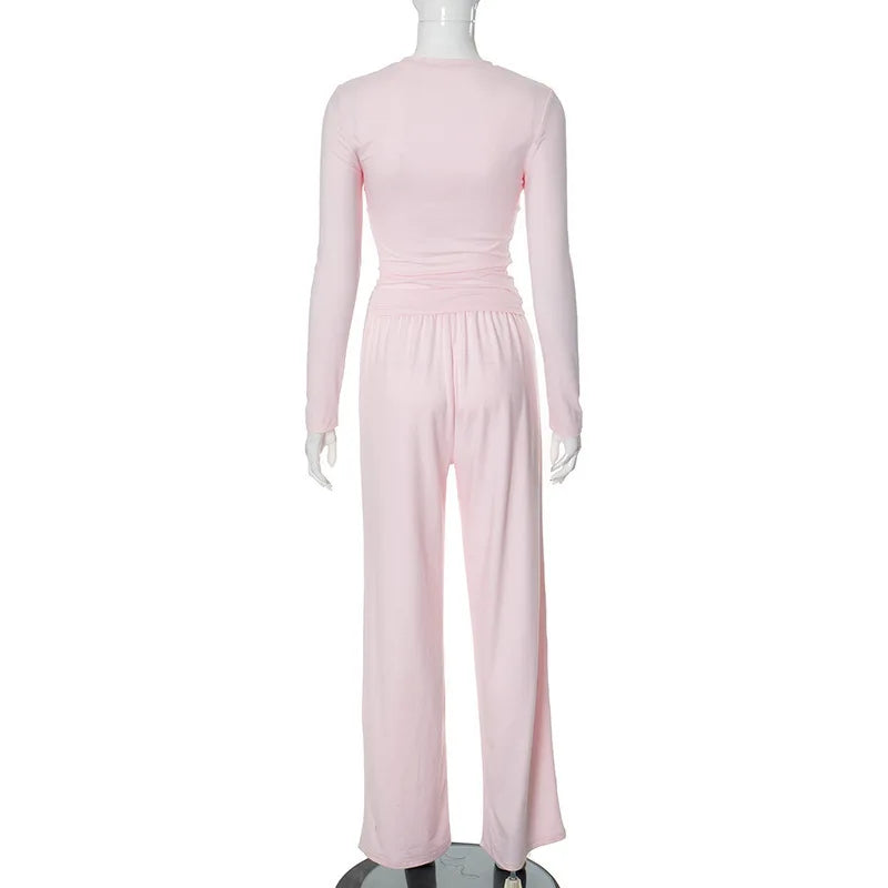 Solid Pleated Casual Basic Trousers Set round Neck Long Sleeve Top Fashion Sports Style High Waist Wide Leg Pants Suit