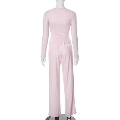 Solid Pleated Casual Basic Trousers Set round Neck Long Sleeve Top Fashion Sports Style High Waist Wide Leg Pants Suit