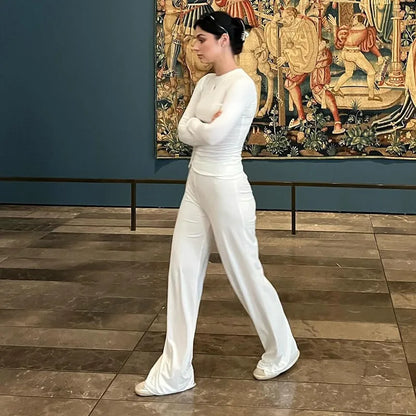 Solid Pleated Casual Basic Trousers Set round Neck Long Sleeve Top Fashion Sports Style High Waist Wide Leg Pants Suit