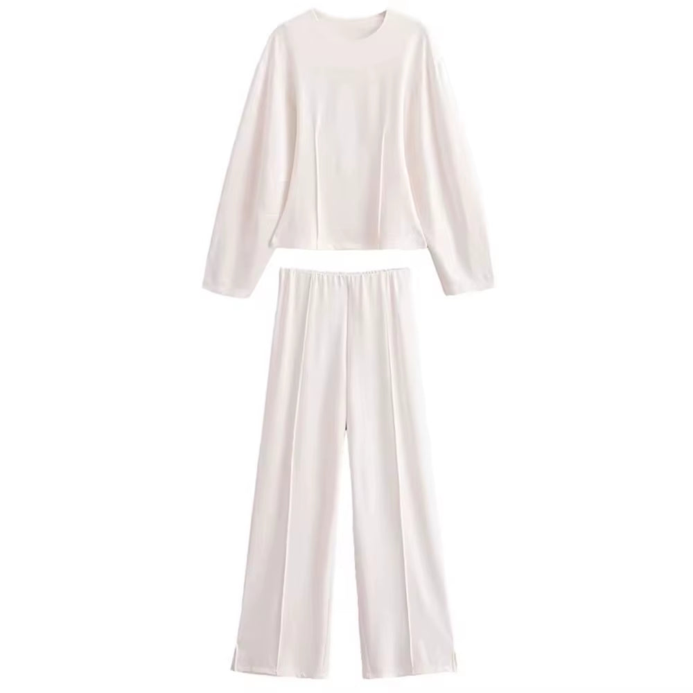 Women'S 2-Piece Set Fashion Slimming Double-Sided Fabric round Neck Long-Sleeve Top+Elegant Stretch Casual Wide Leg Pants