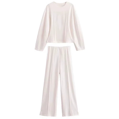 Women'S 2-Piece Set Fashion Slimming Double-Sided Fabric round Neck Long-Sleeve Top+Elegant Stretch Casual Wide Leg Pants