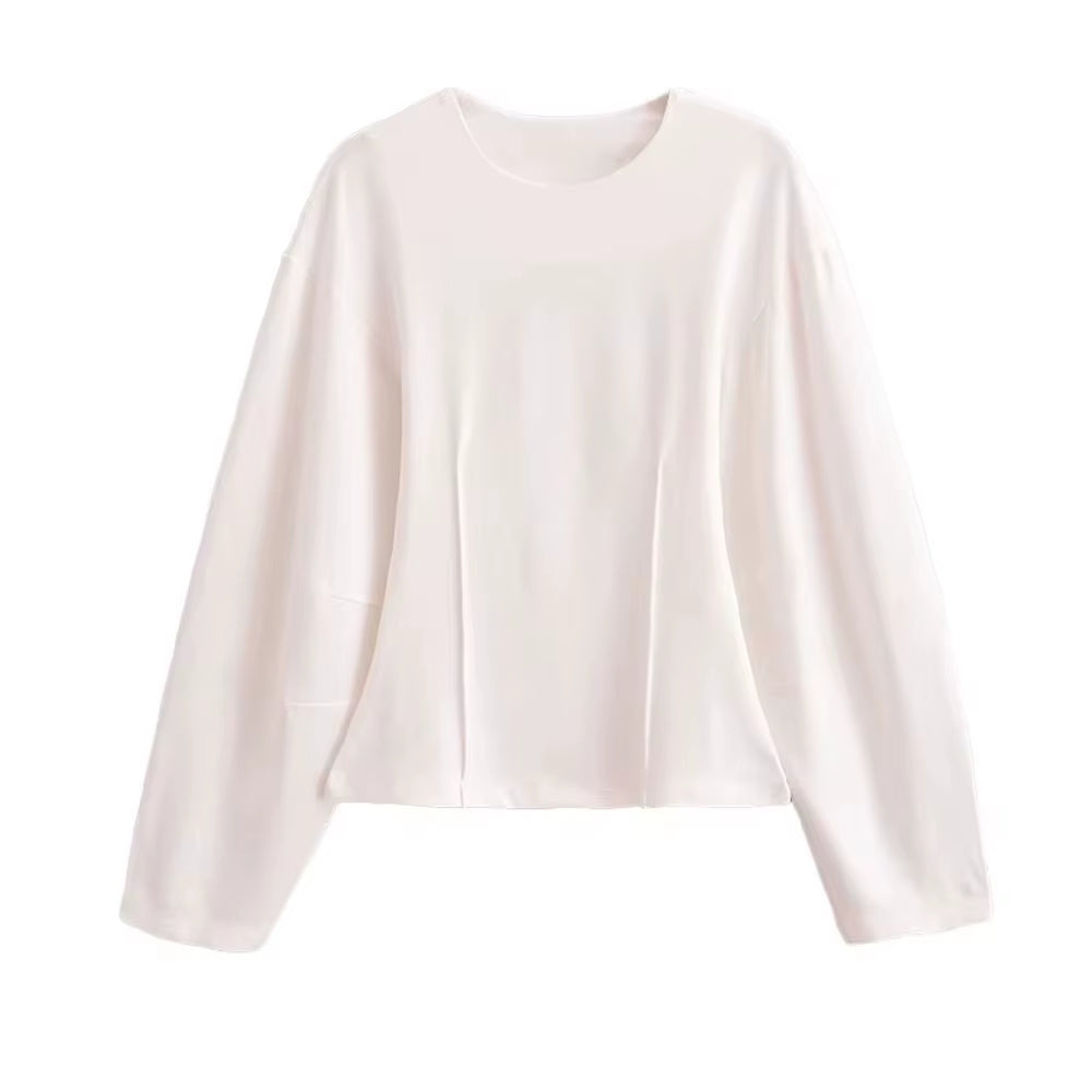 Women'S 2-Piece Set Fashion Slimming Double-Sided Fabric round Neck Long-Sleeve Top+Elegant Stretch Casual Wide Leg Pants