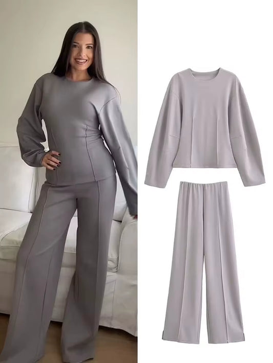 Women'S 2-Piece Set Fashion Slimming Double-Sided Fabric round Neck Long-Sleeve Top+Elegant Stretch Casual Wide Leg Pants