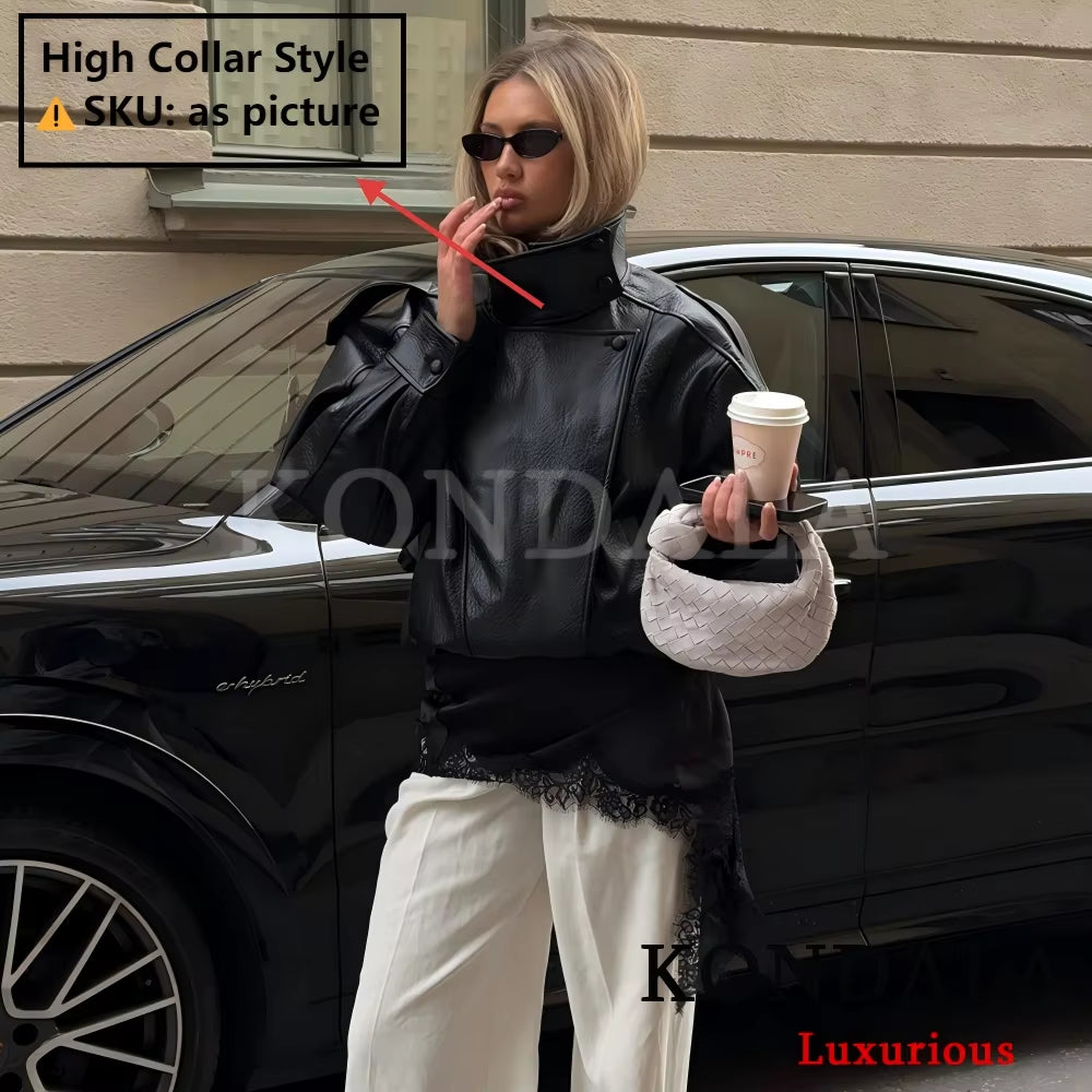 Casual Chic Black Leather Jackets Women Long Sleeve Buttons Elastic Oversized Coats Fashion 2025 Fall Streetwear Coats