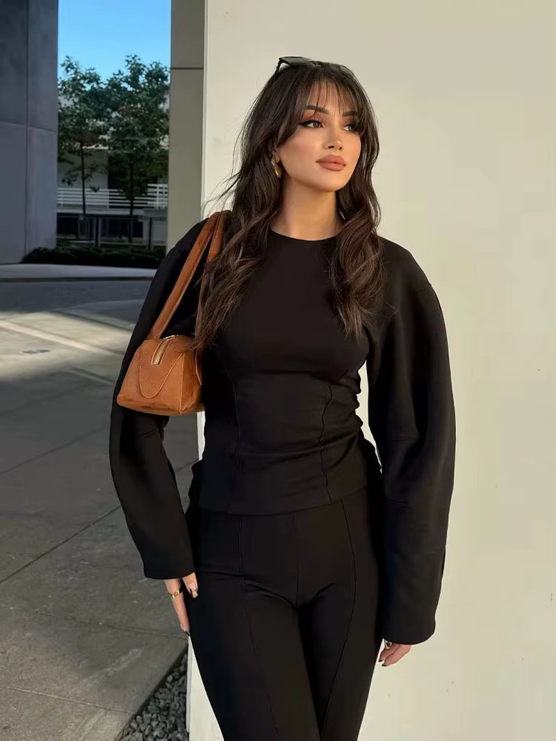 Women'S 2-Piece Set Fashion Slimming Double-Sided Fabric round Neck Long-Sleeve Top+Elegant Stretch Casual Wide Leg Pants