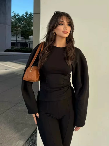 Women'S 2-Piece Set Fashion Slimming Double-Sided Fabric round Neck Long-Sleeve Top+Elegant Stretch Casual Wide Leg Pants