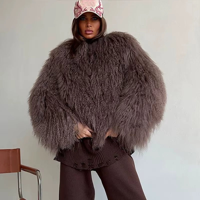 Solid Fluffy Woolen Faux Fur Jacket Women Fashion Turn down Collar Long Sleeve Loose Coats Lady Winter Daily Street Outwears
