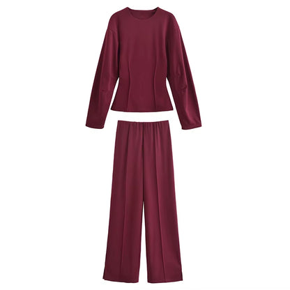 Women'S 2-Piece Set Fashion Slimming Double-Sided Fabric round Neck Long-Sleeve Top+Elegant Stretch Casual Wide Leg Pants