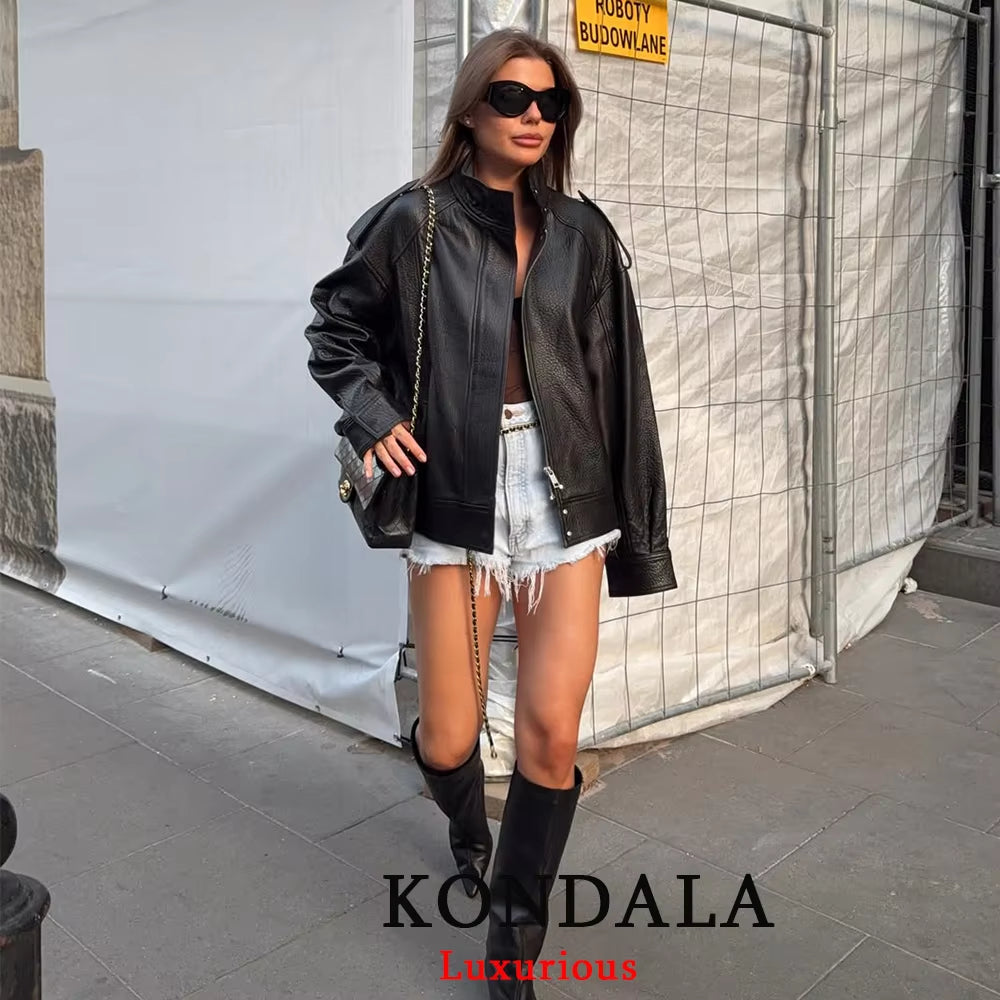 Casual Chic Black Leather Jackets Women Long Sleeve Buttons Elastic Oversized Coats Fashion 2025 Fall Streetwear Coats