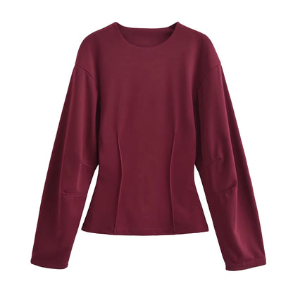 Women'S 2-Piece Set Fashion Slimming Double-Sided Fabric round Neck Long-Sleeve Top+Elegant Stretch Casual Wide Leg Pants