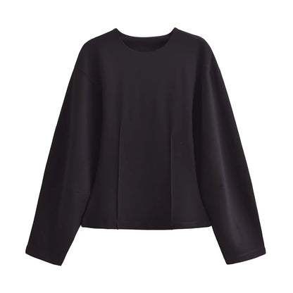 Women'S 2-Piece Set Fashion Slimming Double-Sided Fabric round Neck Long-Sleeve Top+Elegant Stretch Casual Wide Leg Pants