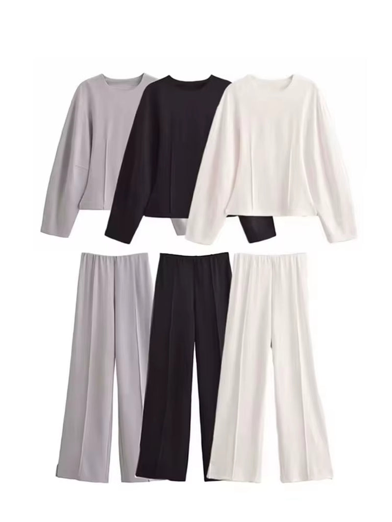 Women'S 2-Piece Set Fashion Slimming Double-Sided Fabric round Neck Long-Sleeve Top+Elegant Stretch Casual Wide Leg Pants