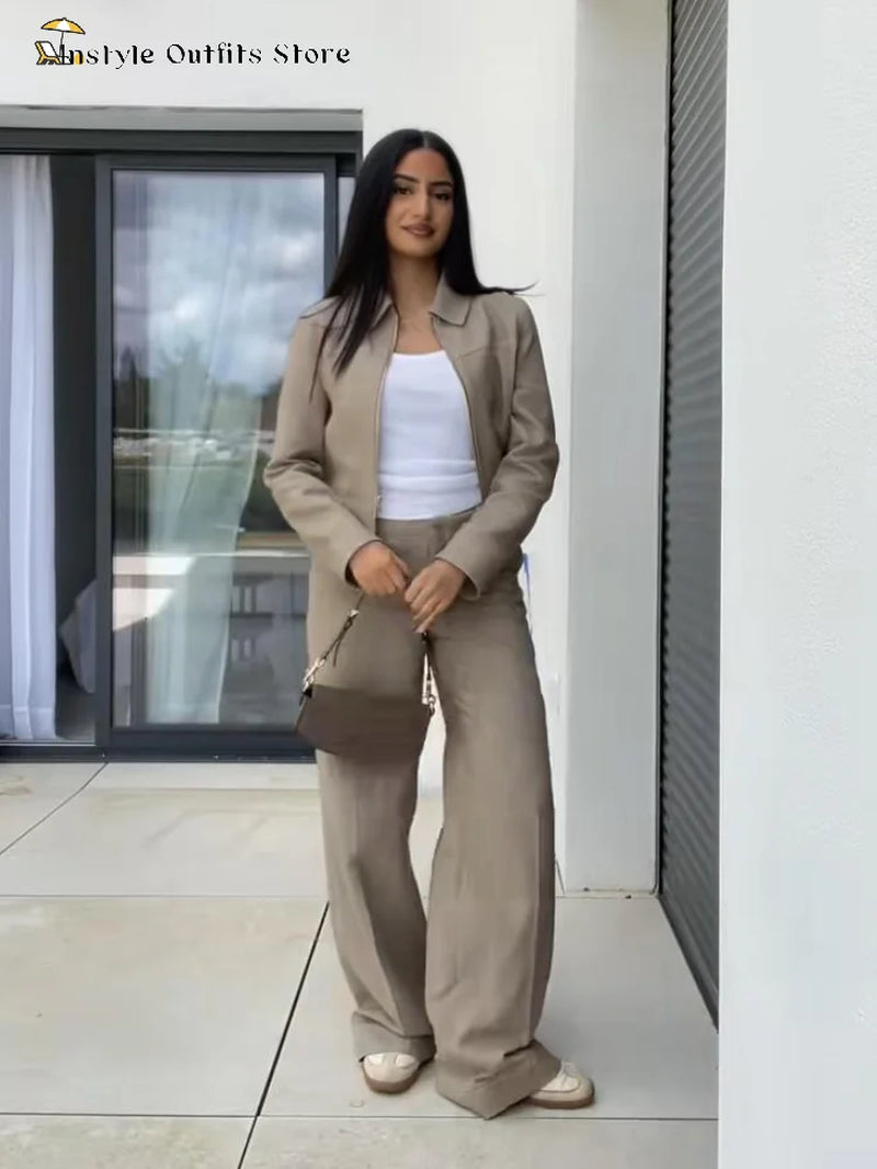 Casual Trousers Set Women Cotton Linen Lapel Zippers Crop Top Straight Pants Sets Lady 2025 Autumn Solid Suit Woman Streetwear