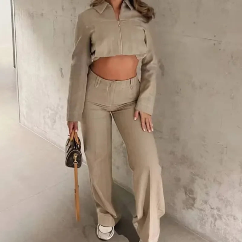 Casual Trousers Set Women Cotton Linen Lapel Zippers Crop Top Straight Pants Sets Lady 2025 Autumn Solid Suit Woman Streetwear