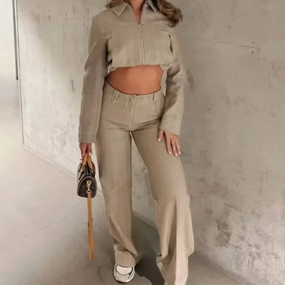 Casual Trousers Set Women Cotton Linen Lapel Zippers Crop Top Straight Pants Sets Lady 2025 Autumn Solid Suit Woman Streetwear